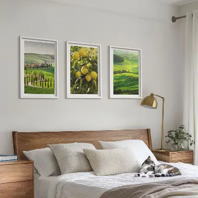 Tavelset för vägg ovanför soffa med italienskt citrusmotiv och kullandskap