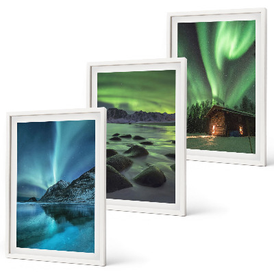 Tavelpaket med ramar Vinterlandskap norrsken berg