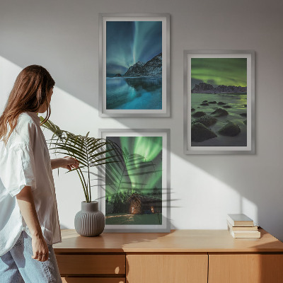 Tavelpaket med ramar Vinterlandskap norrsken berg
