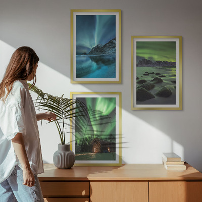 Tavelpaket med ramar Vinterlandskap norrsken berg