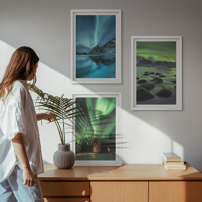 Tavelpaket med ramar Vinterlandskap norrsken berg