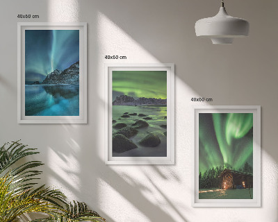 Tavelpaket med ramar Vinterlandskap norrsken berg