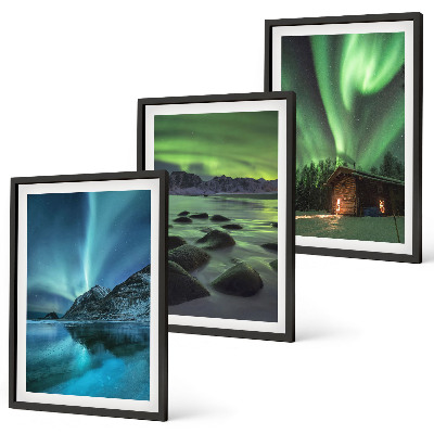 Tavelpaket med ramar Vinterlandskap norrsken berg