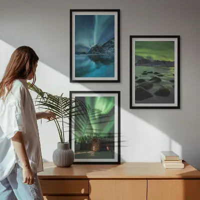 Vinterlandskap med norrsken och berg tavelpaket med ramar