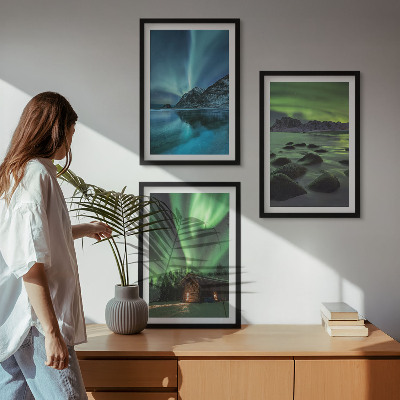 Tavelpaket med ramar Vinterlandskap norrsken berg