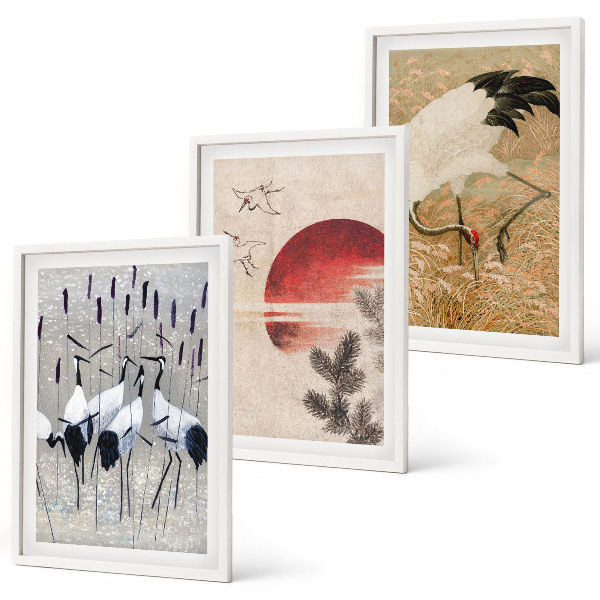Set om 3 tavlor Japanska tranor landskap