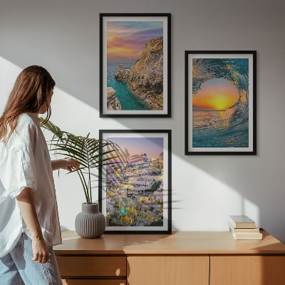 Tavelpaket med ramar Havsvågor vita hus Santorini