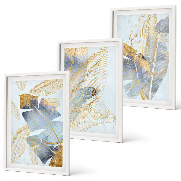 Set om 3 tavlor Ljusblå-beige blad