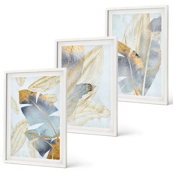 Set med 3 tavlor ljusblåa och beige blad