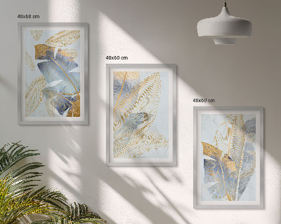 Set om 3 tavlor Ljusblå-beige blad