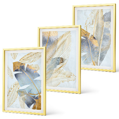 Set om 3 tavlor Ljusblå-beige blad
