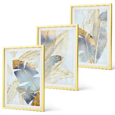 Set med 3 tavlor ljusblåa och beige blad