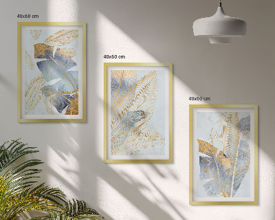 Set om 3 tavlor Ljusblå-beige blad