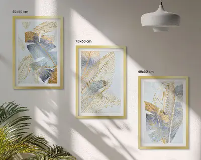 Set med 3 tavlor ljusblåa och beige blad