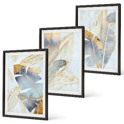Set om 3 tavlor Ljusblå-beige blad
