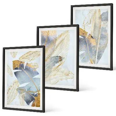Set med 3 tavlor ljusblåa och beige blad