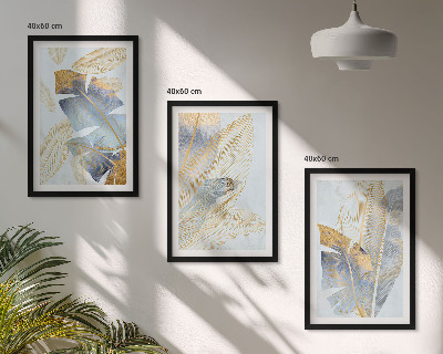 Set om 3 tavlor Ljusblå-beige blad