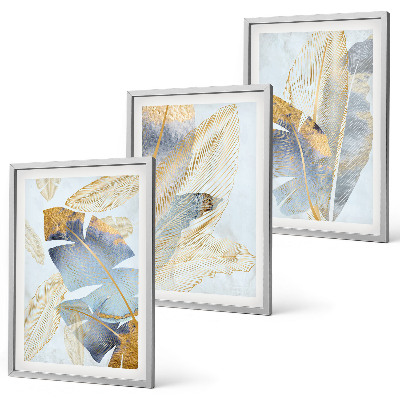 Set om 3 tavlor Ljusblå-beige blad