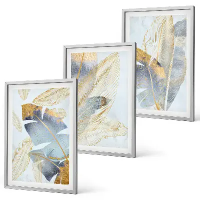 Set med 3 tavlor ljusblåa och beige blad