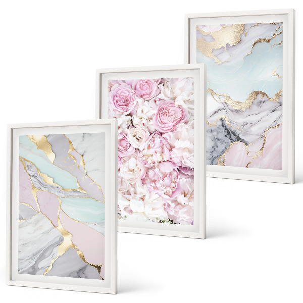 Tavelpaket med ramar Rosa blommor marmor pastell