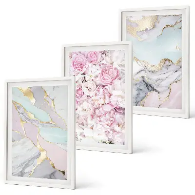 Tavelset med ramar rosa blommor i marmor och pastell