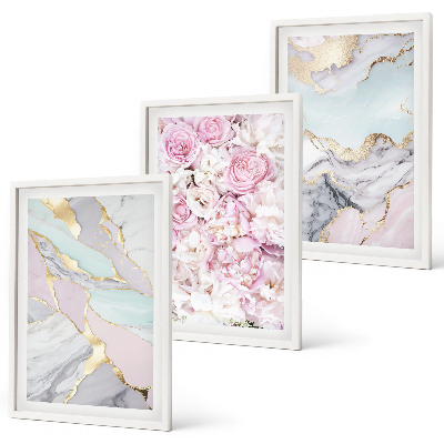 Tavelpaket med ramar Rosa blommor marmor pastell
