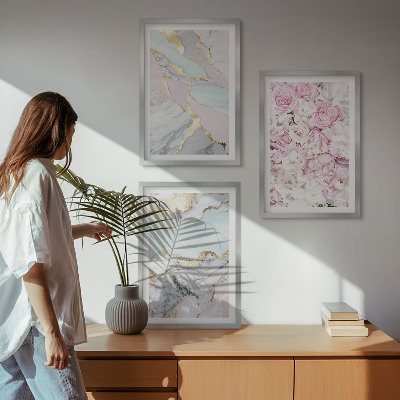 Tavelpaket med ramar Rosa blommor marmor pastell