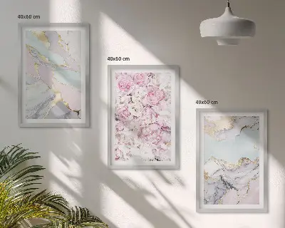 Tavelset med ramar rosa blommor i marmor och pastell