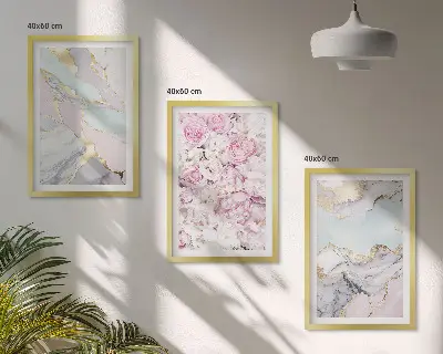 Tavelset med ramar rosa blommor i marmor och pastell