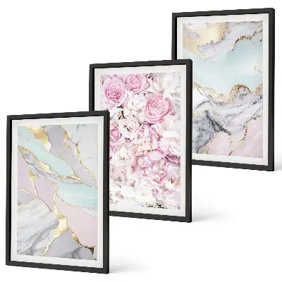Tavelset med ramar rosa blommor i marmor och pastell