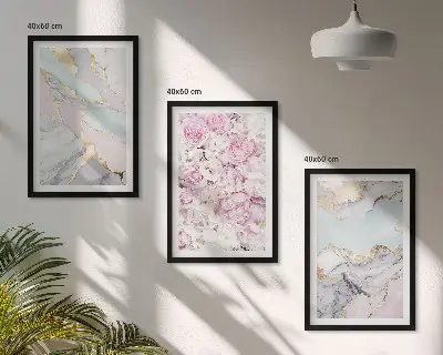 Tavelset med ramar rosa blommor i marmor och pastell