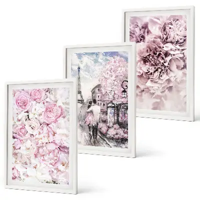 Blommor i nyanser av rosa landskap tavelset ovanför soffa