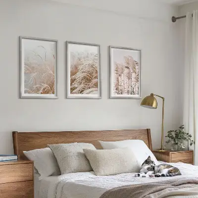 Gräsfält i brunt och beige set om 3 tavlor