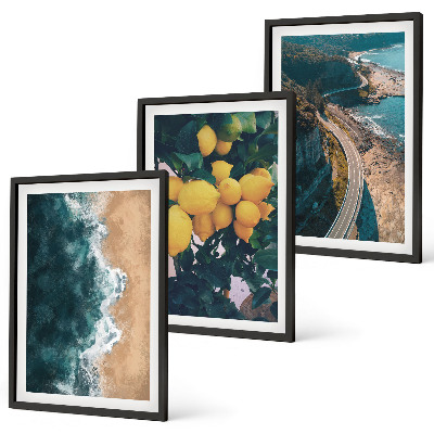 Tavelpaket med ramar Havsstrand citroner berg