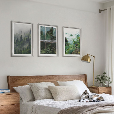 Tavelpaket med ramar Skogsdimma flodstrand växthus