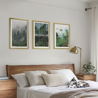 Tavelpaket med ramar Skogsdimma flodstrand växthus