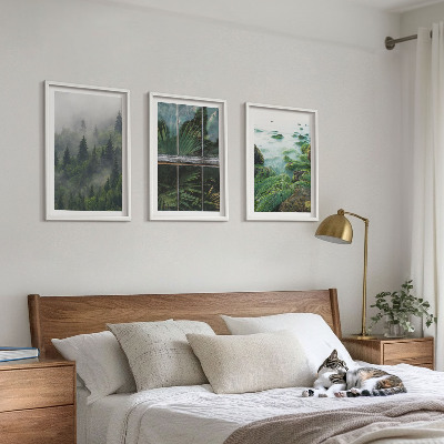 Tavelpaket med ramar Skogsdimma flodstrand växthus