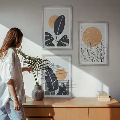 Set om 3 tavlor Växtmönster stora solar minimalistiska
