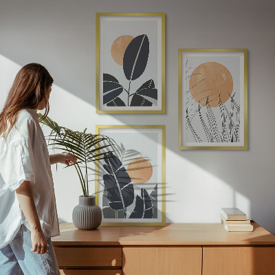 Set om 3 tavlor Växtmönster stora solar minimalistiska