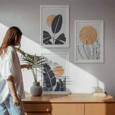 Set om 3 tavlor Växtmönster stora solar minimalistiska