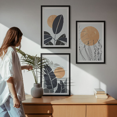 Set om 3 tavlor Växtmönster stora solar minimalistiska