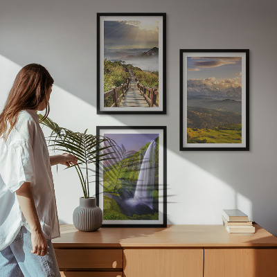Set om 3 tavlor Bergslandskap vattenfall