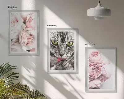 Katt i rosa blommor set om 3 tavlor