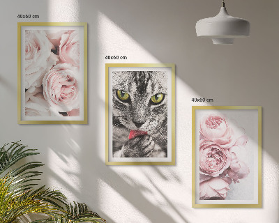 Set om 3 tavlor Katt i rosa blommor