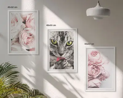 Katt i rosa blommor set om 3 tavlor
