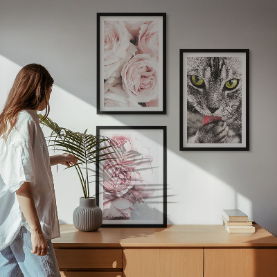 Set om 3 tavlor Katt i rosa blommor