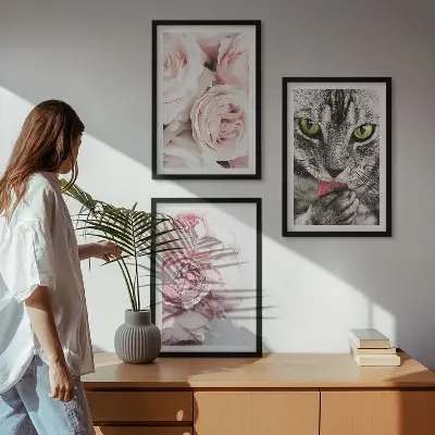 Katt i rosa blommor set om 3 tavlor