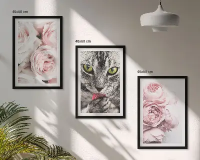 Katt i rosa blommor set om 3 tavlor