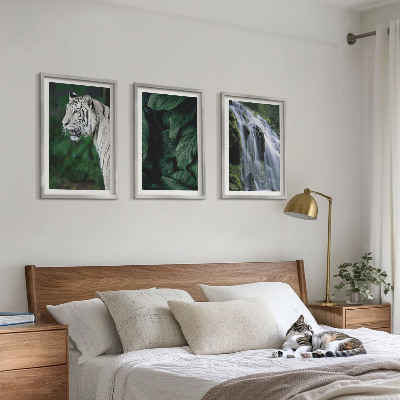 Set om 3 tavlor Vit tiger lämnar vattenfall