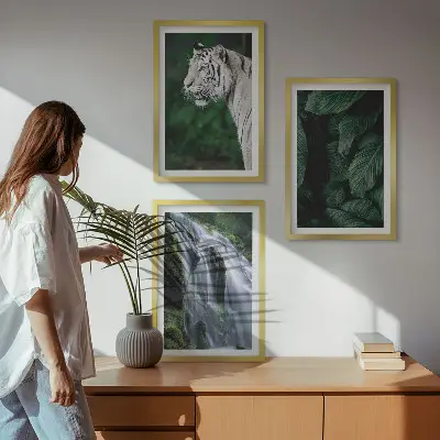 Vit tiger lämnar vattenfall set med 3 tavlor